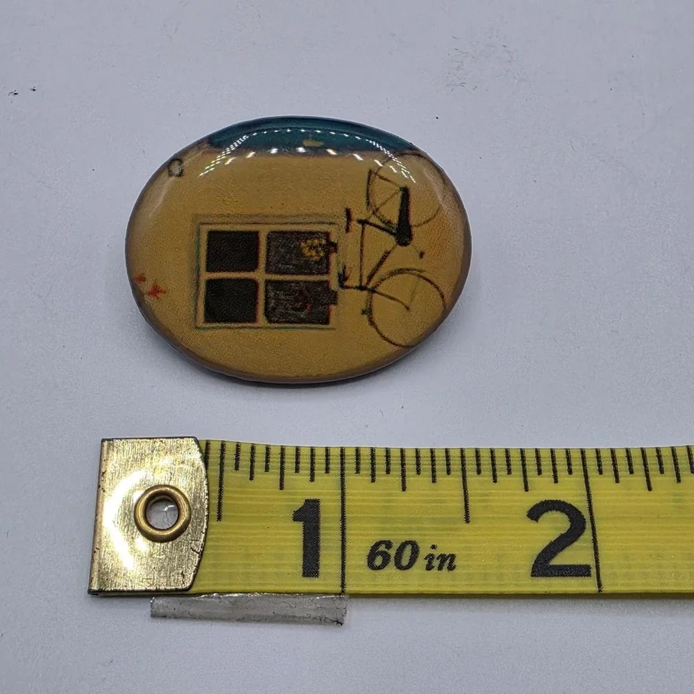 Vintage Bicycle‎ Window Scene Oval Resin Brooch Yellow Teal Whimsical Art Pin
